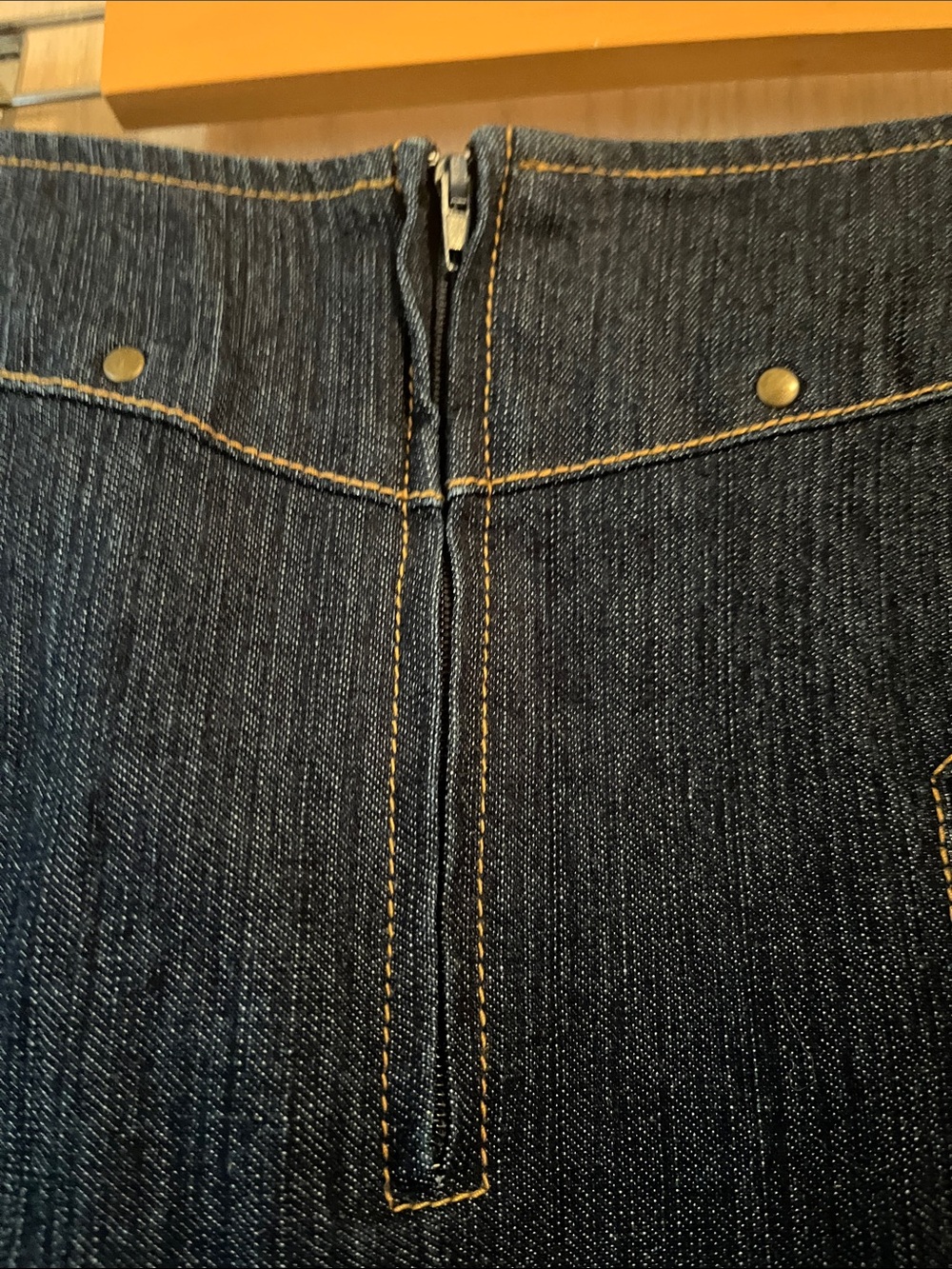 Dark Blue Denim A-Line Skirt with Decorative Stud and Bead Accents - Picture 9 of 11
